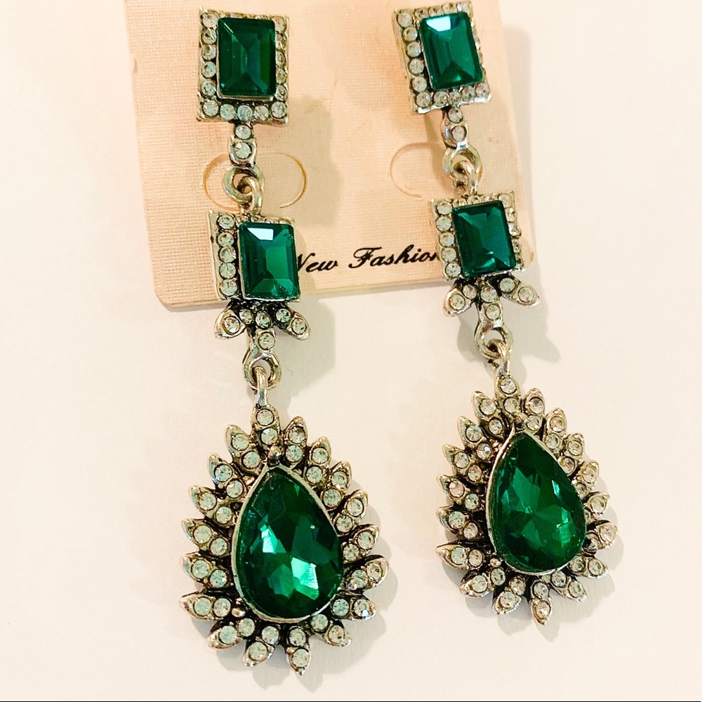 Emerald green Silver Pageant earrings